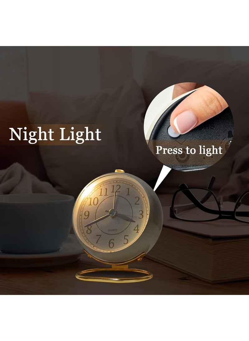 DEVKUVAR Small Table Clocks Classic NonTicking Tabletop Alarm Clock Battery Operated Desk Clock with Backlight HD Glass for Bedroom Living Room Kitchen Indoor Decor White