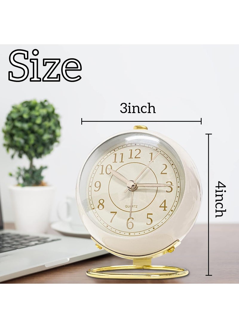 DEVKUVAR Small Table Clocks Classic NonTicking Tabletop Alarm Clock Battery Operated Desk Clock with Backlight HD Glass for Bedroom Living Room Kitchen Indoor Decor White