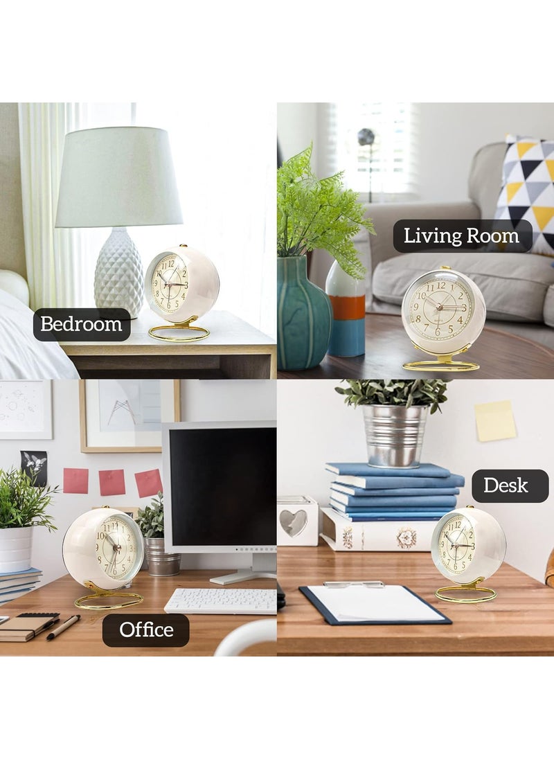 DEVKUVAR Small Table Clocks Classic NonTicking Tabletop Alarm Clock Battery Operated Desk Clock with Backlight HD Glass for Bedroom Living Room Kitchen Indoor Decor White