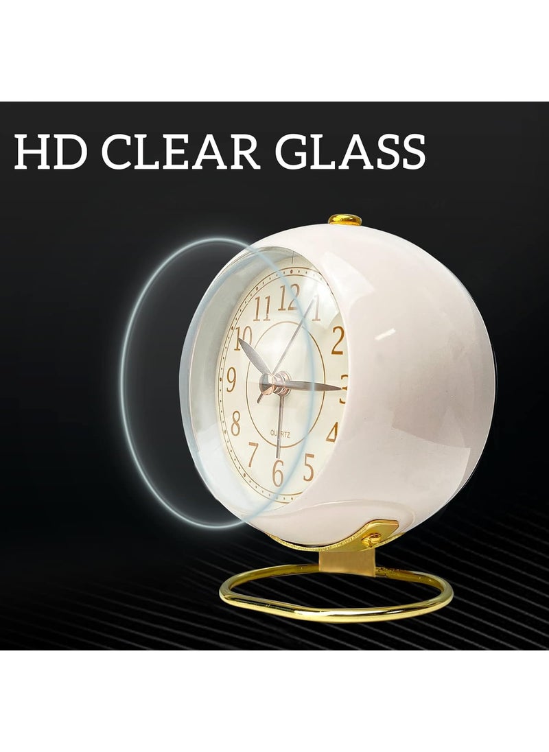 DEVKUVAR Small Table Clocks Classic NonTicking Tabletop Alarm Clock Battery Operated Desk Clock with Backlight HD Glass for Bedroom Living Room Kitchen Indoor Decor White