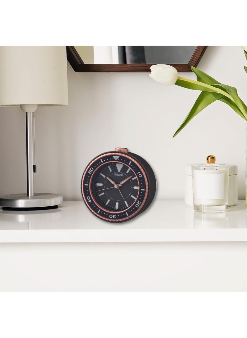 SEIKO Elegant Table Top Round Black Plastic Analog Beep Alarm Clock with Sweep Movement Size 95 x 5 x 95 CM Weight 200 grm Color Black
