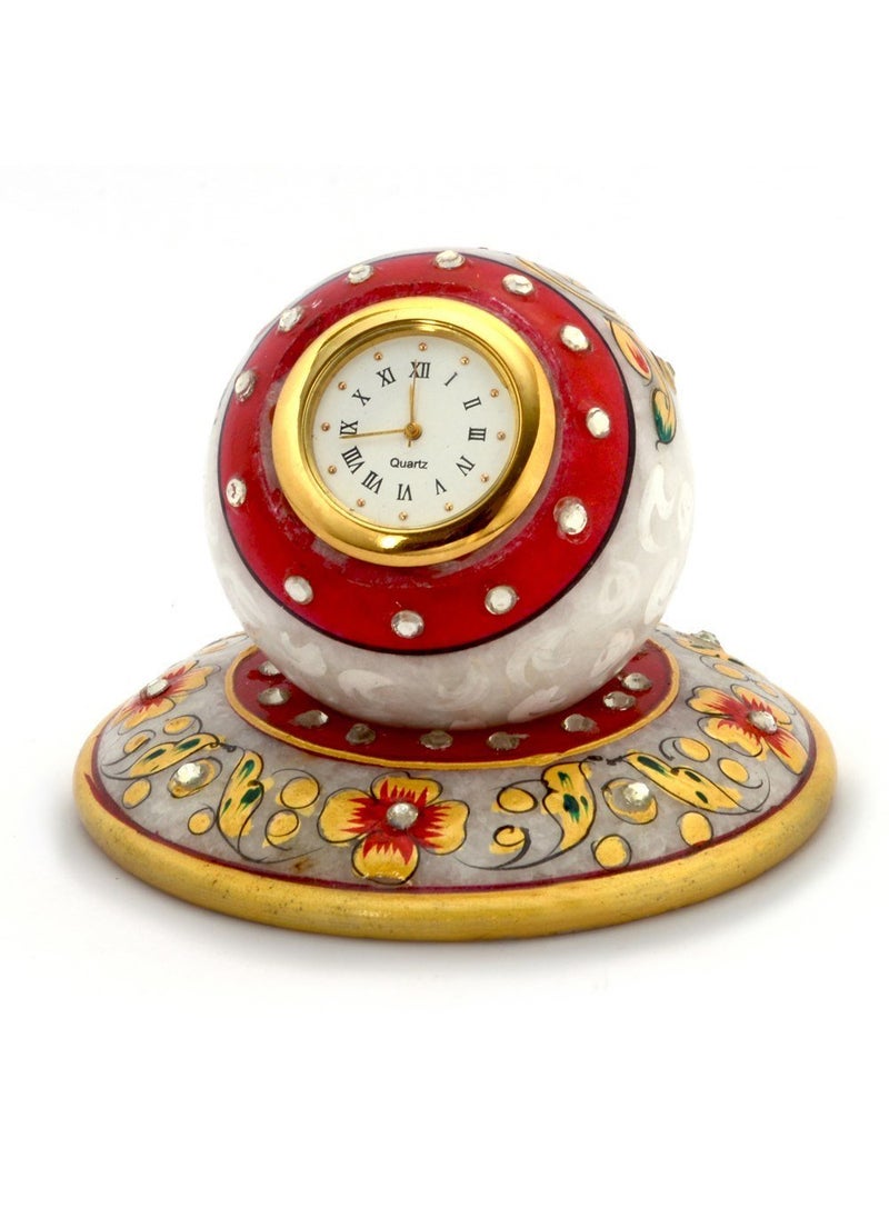 Little India Golden Floral Meenakari Work Marble Table Clock 385 White