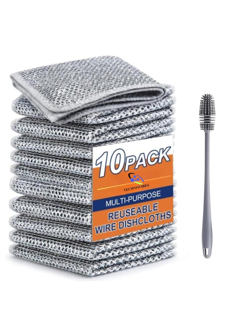 TECHNOVIBES Multipurpose Wire Dishwashing Rags for Wet and Dry Stainless Steel Scrubber NonScratch Wire Dishcloth for Washing Dishes Sinks Counters 20cm x 20cm x 05cm Pack of 10 with Brush