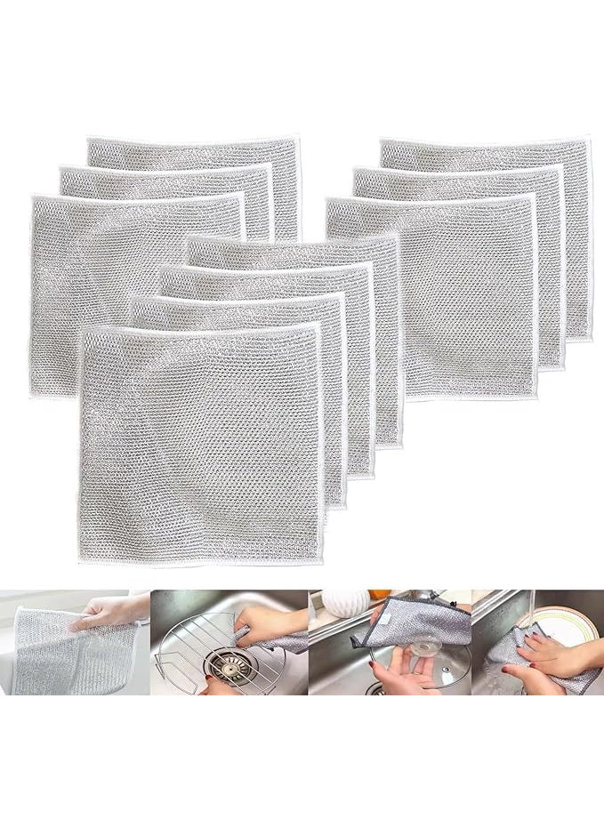 KISUASHI Multifunctional NonScratch Wire Dishcloth Steel Wire Dish Towel Multipurpose Wire Dishwashing Rags for Wet and Dry Scrubs Cleans for Dishes Sinks Counters Stove Tops 10Pcs