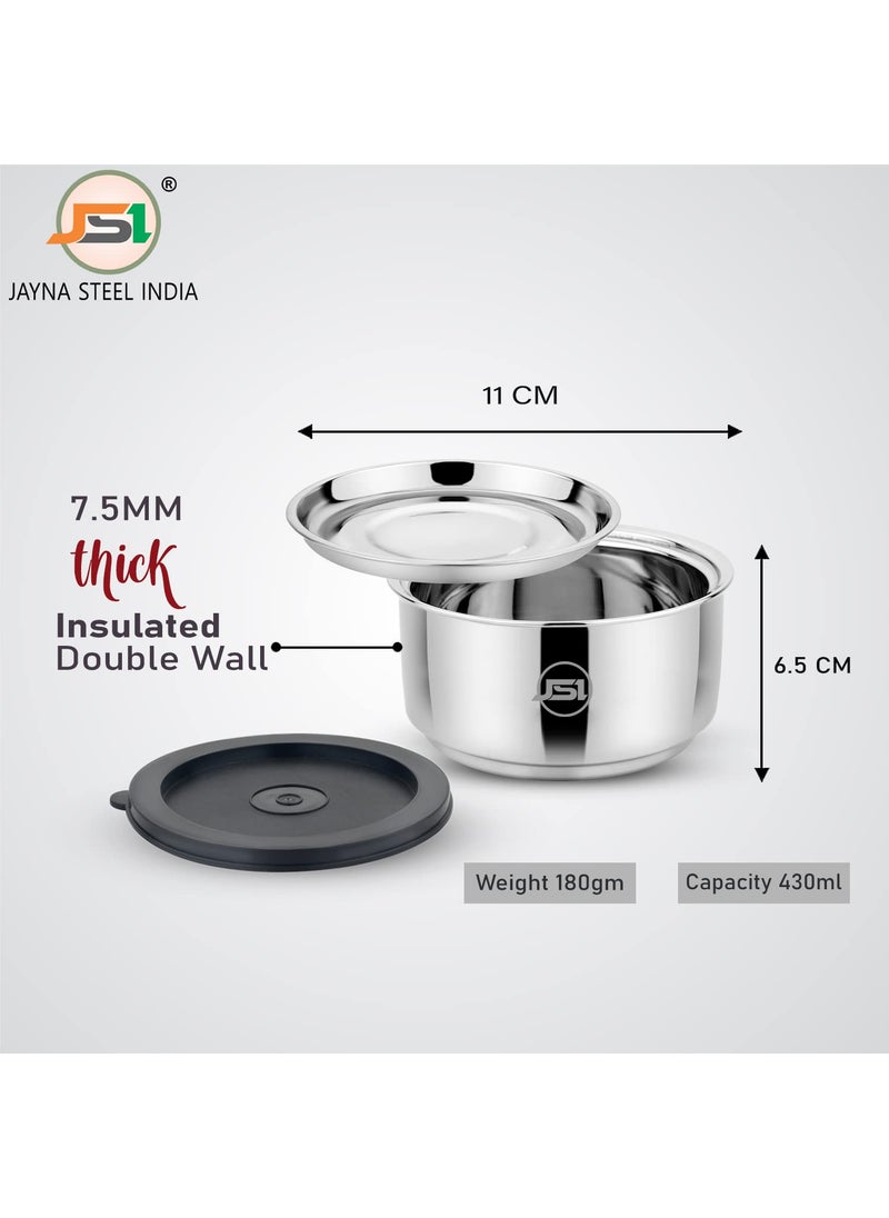 JSI Stainless Steel Lunch Tiffin Box for Office School Kids Adults Pack of 10 Pcs Containers 430 Ml Each I Airtight LeakProof Lids I 75 mm Thick Double Wall Insulation Keeps Food Fresh Warm