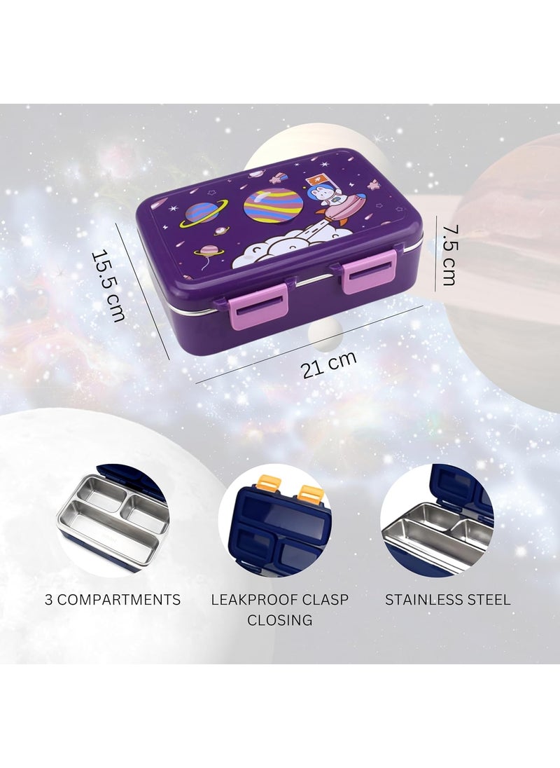 Skoolster Space Design Stainless Steel Lunch BoxContainer with 3 Compartments 550 ML Durable and Leakproof Non Toxic Meal Prep Container for School Work and Travel Blue