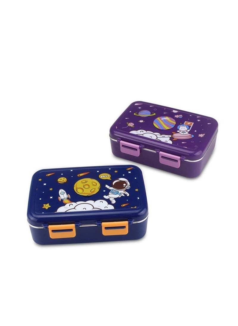 Skoolster Space Design Stainless Steel Lunch BoxContainer with 3 Compartments 550 ML Durable and Leakproof Non Toxic Meal Prep Container for School Work and Travel Blue
