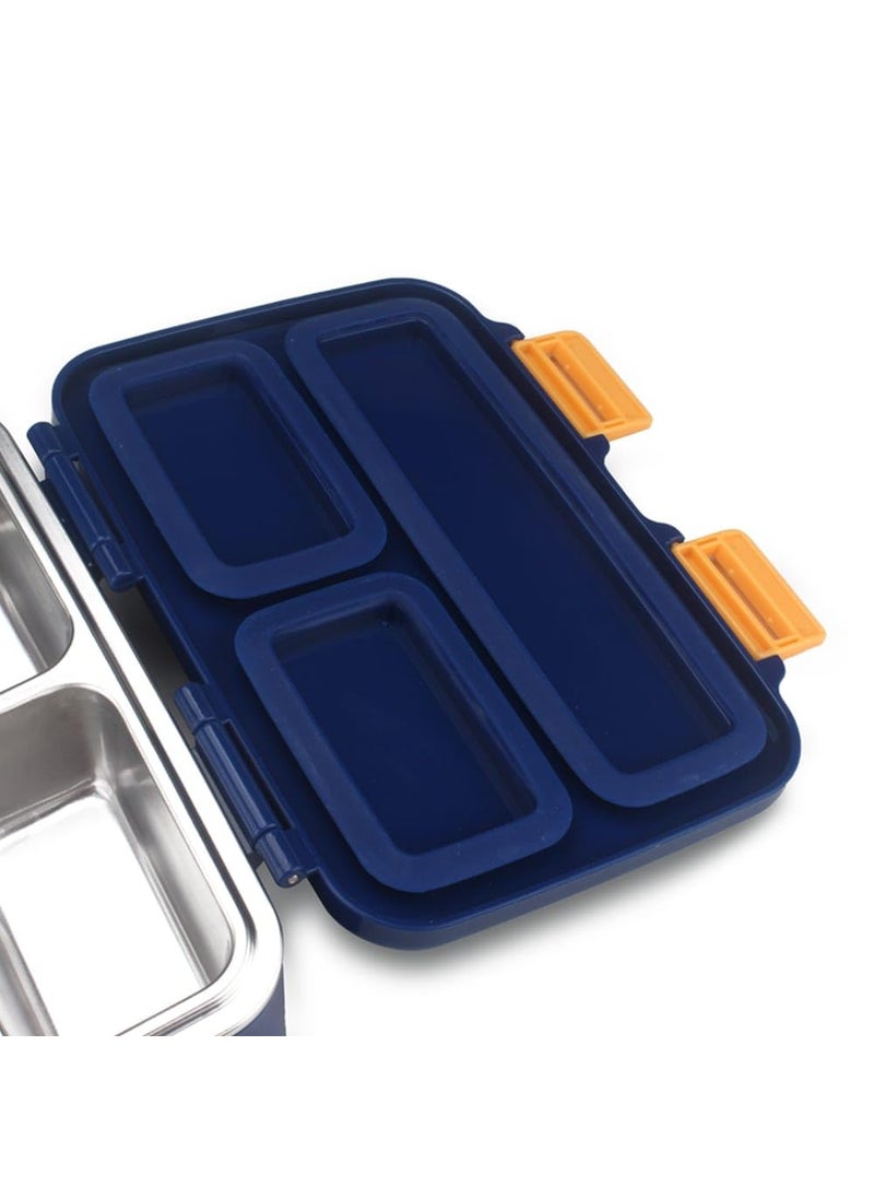 Skoolster Space Design Stainless Steel Lunch BoxContainer with 3 Compartments 550 ML Durable and Leakproof Non Toxic Meal Prep Container for School Work and Travel Blue