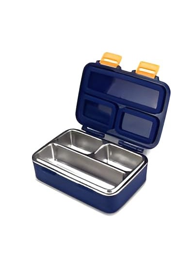Skoolster Space Design Stainless Steel Lunch BoxContainer with 3 Compartments 550 ML Durable and Leakproof Non Toxic Meal Prep Container for School Work and Travel Blue