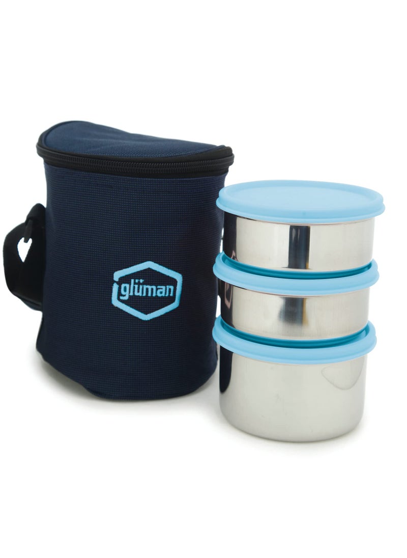 Gluman Steel Lunch Box 3 Steel Containers with BPAFree Lids 500 ml 350 ml 350 ml Ideal for Office School College Leakproof Insulated Lunch Box with Fabric Bag Blue