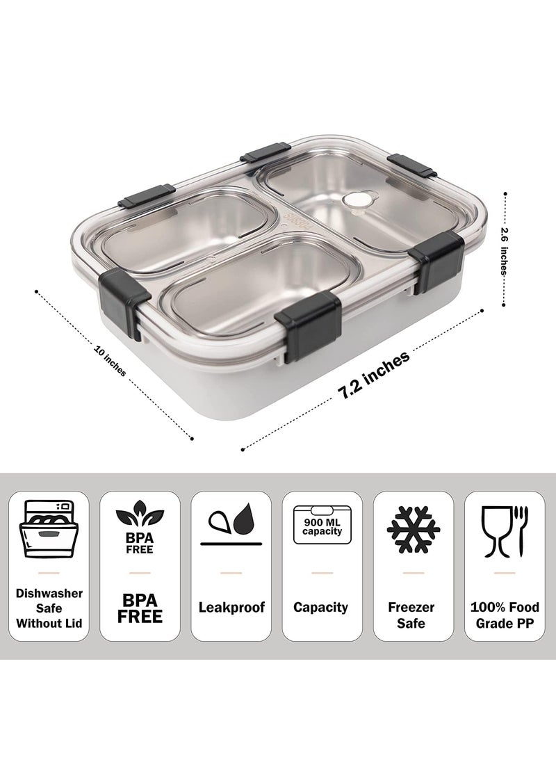KENDRICK Lunch Box 3 Compartment LeakProof BPA Free Stainless Steel for School Lunch Box for School Office with a Fork a Spoon and a Pair of Chopsticks Grey