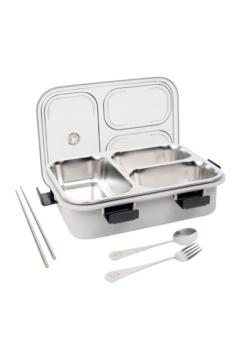 KENDRICK Lunch Box 3 Compartment LeakProof BPA Free Stainless Steel for School Lunch Box for School Office with a Fork a Spoon and a Pair of Chopsticks Grey