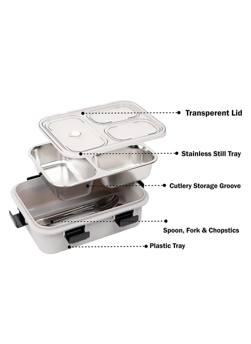 KENDRICK Lunch Box 3 Compartment LeakProof BPA Free Stainless Steel for School Lunch Box for School Office with a Fork a Spoon and a Pair of Chopsticks Grey