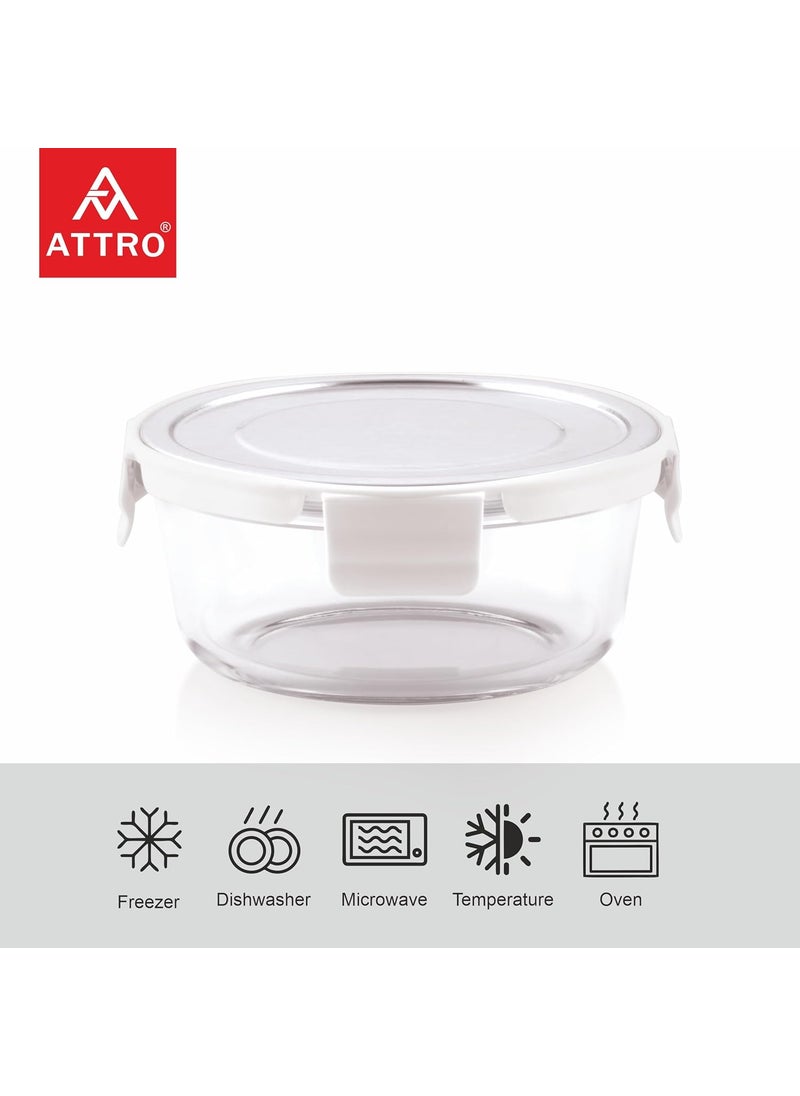 ATTRO Glassox Borosilicate Round Glass Lunch Box with Stainless Steel Lid Food Storage Container Microwave Freezer Safe BPAFree FoodGrade 620ml
