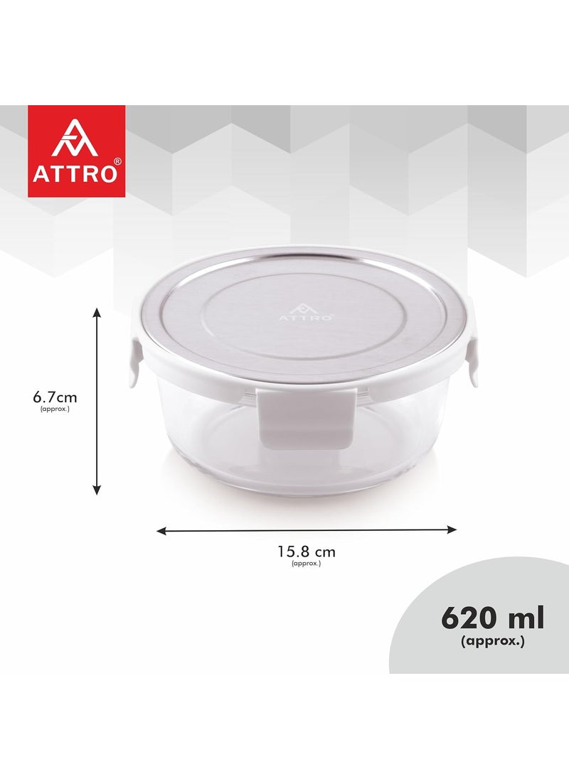ATTRO Glassox Borosilicate Round Glass Lunch Box with Stainless Steel Lid Food Storage Container Microwave Freezer Safe BPAFree FoodGrade 620ml