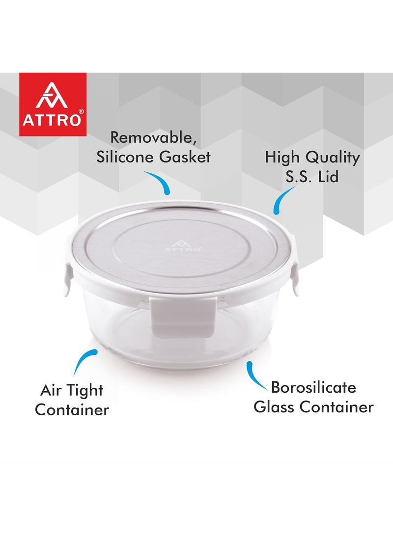 ATTRO Glassox Borosilicate Round Glass Lunch Box with Stainless Steel Lid Food Storage Container Microwave Freezer Safe BPAFree FoodGrade 620ml