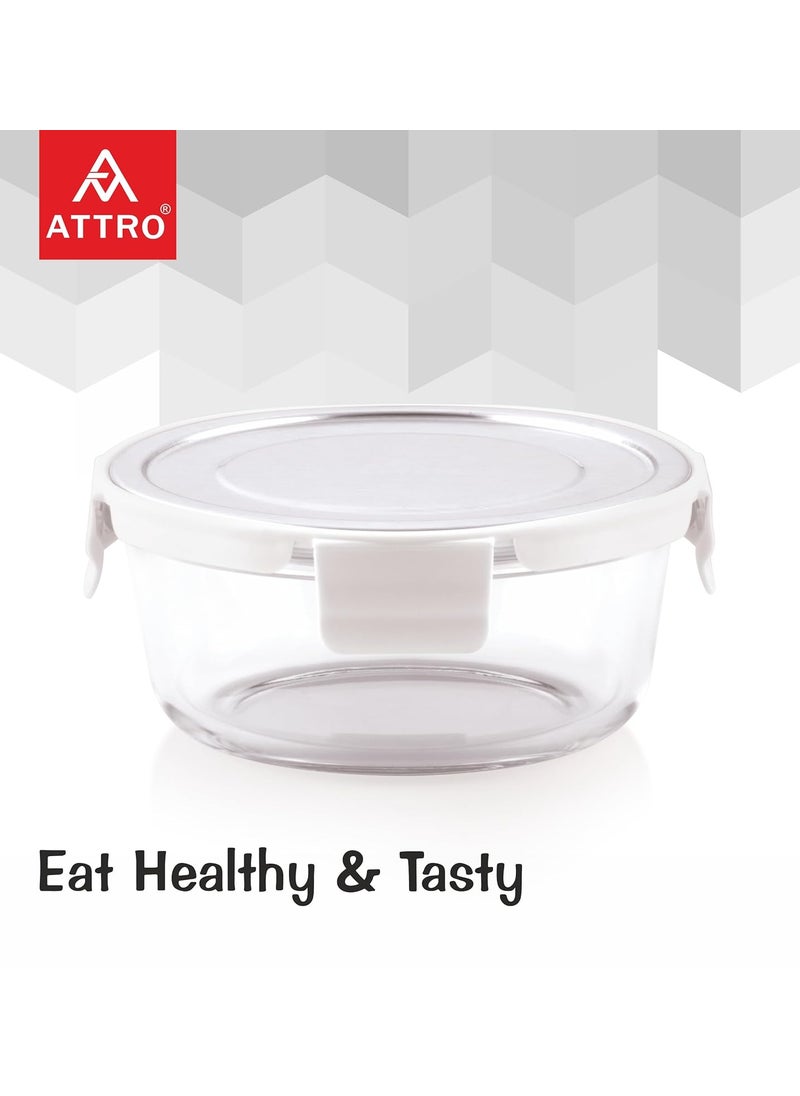 ATTRO Glassox Borosilicate Round Glass Lunch Box with Stainless Steel Lid Food Storage Container Microwave Freezer Safe BPAFree FoodGrade 620ml