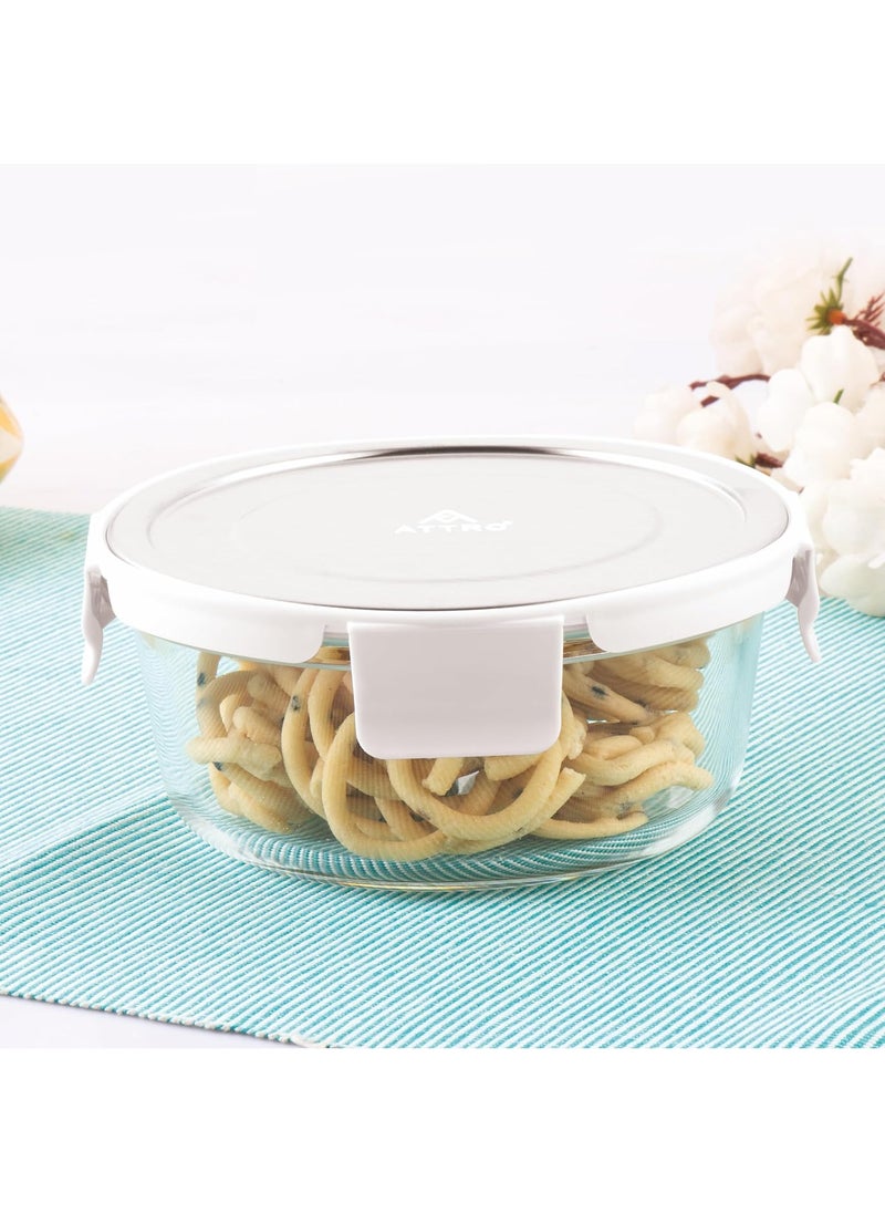 ATTRO Glassox Borosilicate Round Glass Lunch Box with Stainless Steel Lid Food Storage Container Microwave Freezer Safe BPAFree FoodGrade 620ml