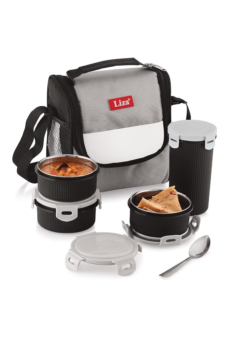 LUCIDO 3 Stainless Steel Container with Food Grade PU Insulated Executive Lunch Tiffin Boxes with 1 Lockable Glass for Office Men 300ml Each Black