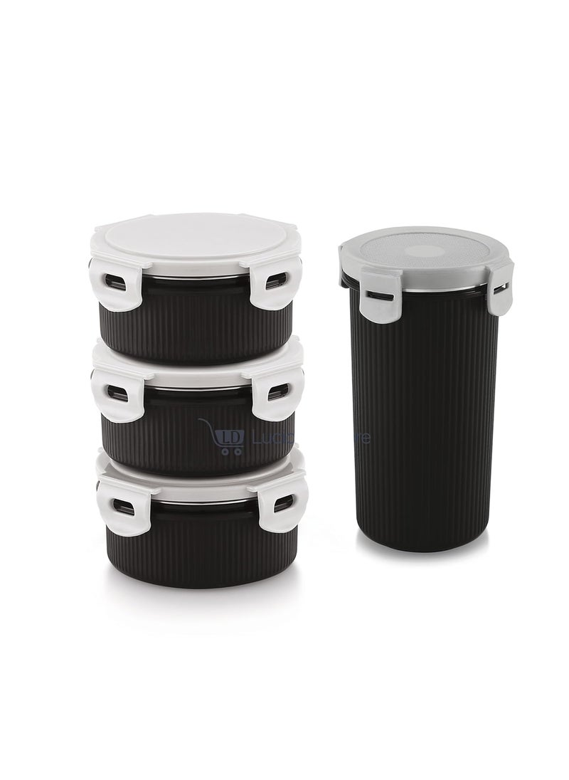 LUCIDO 3 Stainless Steel Container with Food Grade PU Insulated Executive Lunch Tiffin Boxes with 1 Lockable Glass for Office Men 300ml Each Black