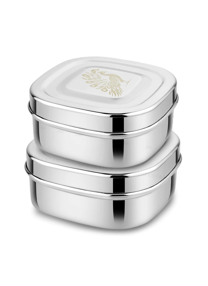 JSI Stainless Steel Lunch BoxStorage ContainersSquare Tiffin Box Mirror Glossy Finish Set of 2 Pcs 750ml 1100ml Silver Heavy Guage Steel Containers Set for Kitchen Peacock