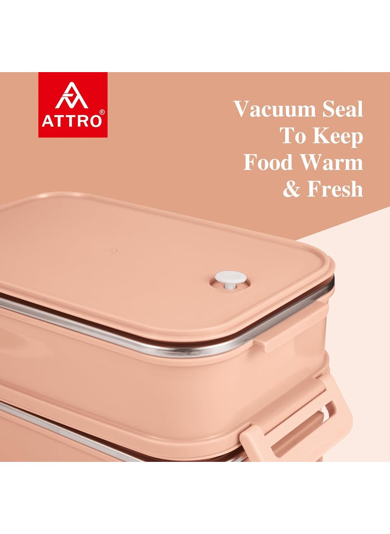 Attro Taste Buddy Insulated Lunch Box Comes with 2 Compartment 2 SpoonsStylish Lid with Easy Carrying Handle1 Seprate Internal Lid Perfect for SchoolOffice800Ml Candy Pink Plastic