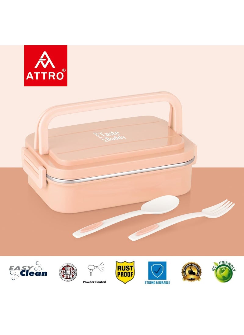 Attro Taste Buddy Insulated Lunch Box Comes with 2 Compartment 2 SpoonsStylish Lid with Easy Carrying Handle1 Seprate Internal Lid Perfect for SchoolOffice800Ml Candy Pink Plastic