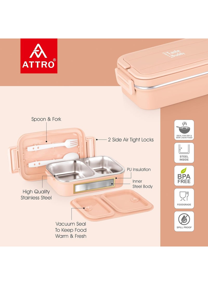 Attro Taste Buddy Insulated Lunch Box Comes with 2 Compartment 2 SpoonsStylish Lid with Easy Carrying Handle1 Seprate Internal Lid Perfect for SchoolOffice800Ml Candy Pink Plastic