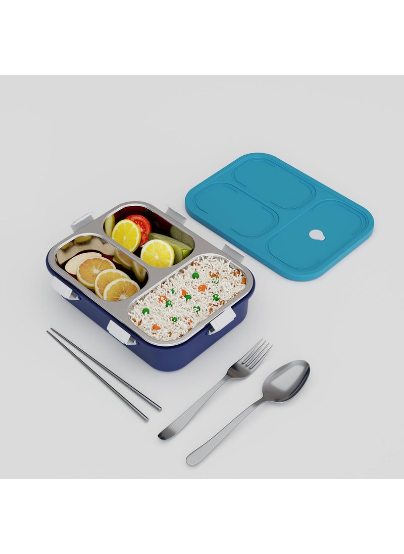 Darkpyro Lunch Box Sealed Leakage Proof Stainless Steel Lunch Box with ForkChopstick Spoon Lid Office Food Container 3 Compartment for Office School etc Light Blue Blue