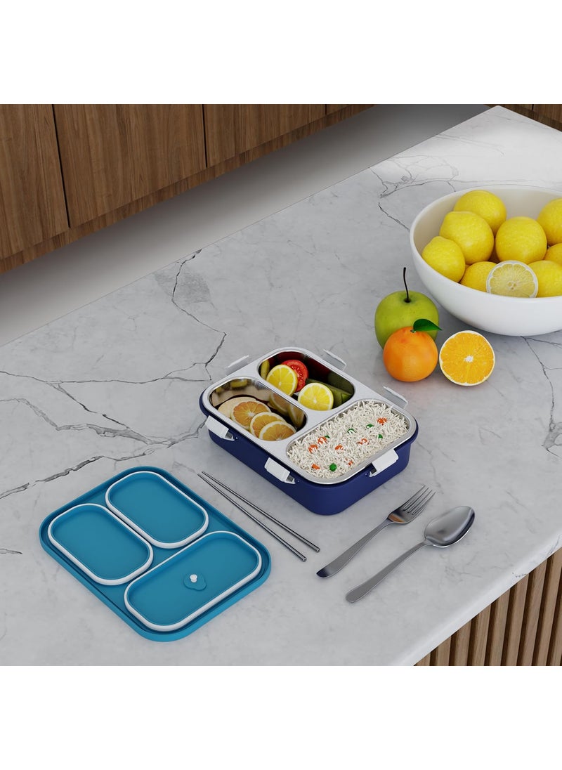 Darkpyro Lunch Box Sealed Leakage Proof Stainless Steel Lunch Box with ForkChopstick Spoon Lid Office Food Container 3 Compartment for Office School etc Light Blue Blue