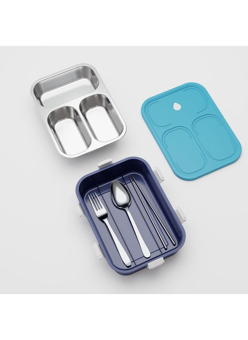 Darkpyro Lunch Box Sealed Leakage Proof Stainless Steel Lunch Box with ForkChopstick Spoon Lid Office Food Container 3 Compartment for Office School etc Light Blue Blue