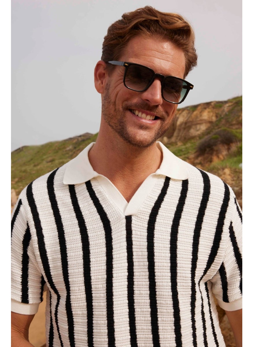 Men's Slim Fit Slim Cut Knitted Breathable Striped Non-rolling Polo Neck T-Shirt