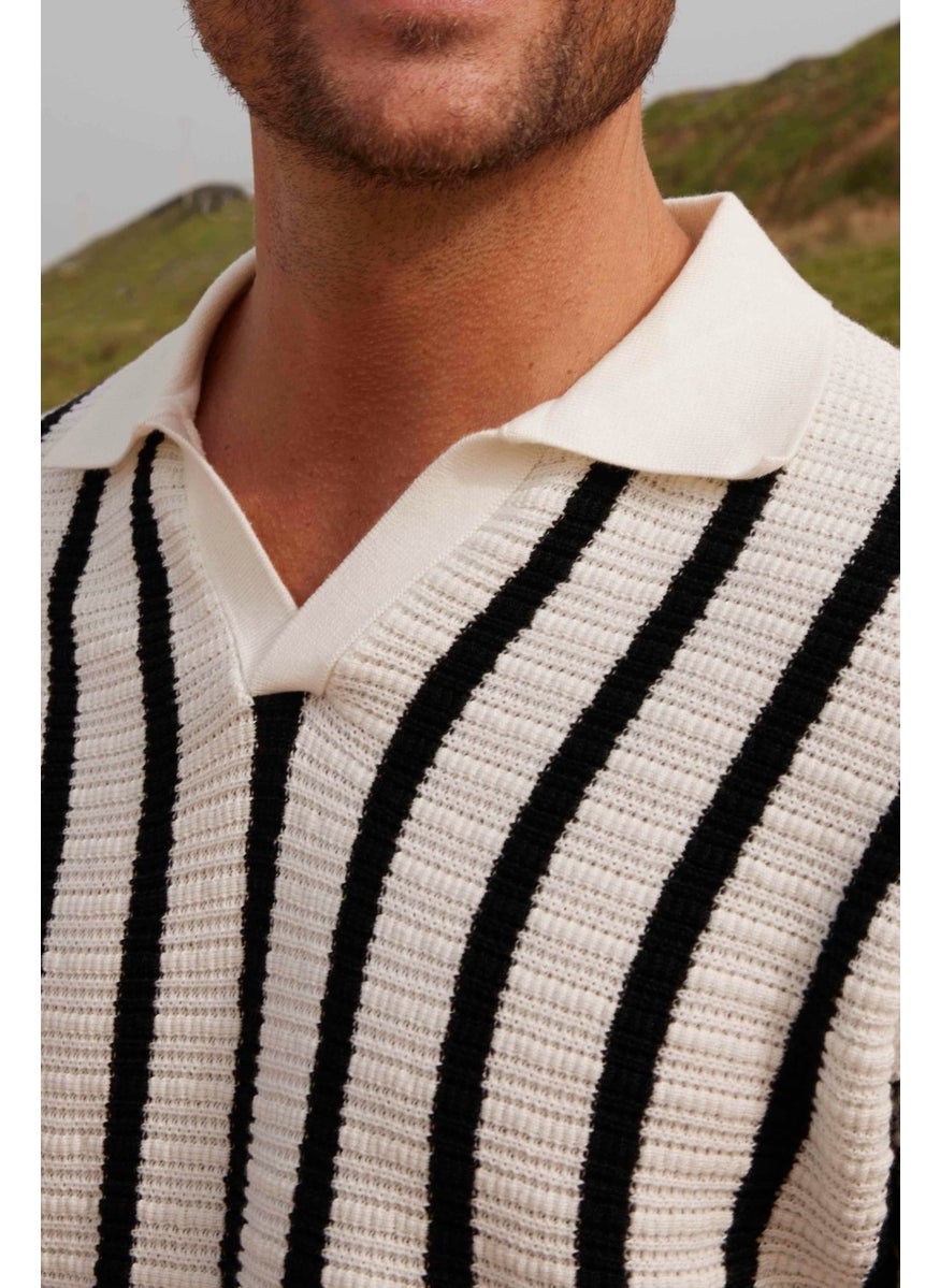 Men's Slim Fit Slim Cut Knitted Breathable Striped Non-rolling Polo Neck T-Shirt