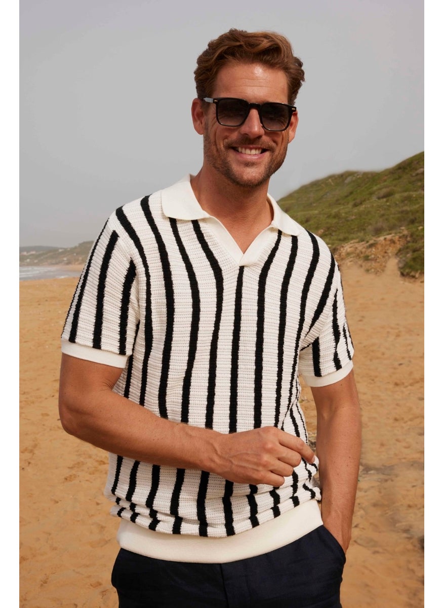 Men's Slim Fit Slim Cut Knitted Breathable Striped Non-rolling Polo Neck T-Shirt