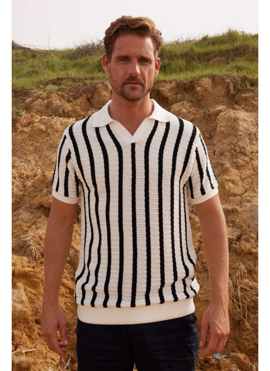 Men's Slim Fit Slim Cut Knitted Breathable Striped Non-rolling Polo Neck T-Shirt