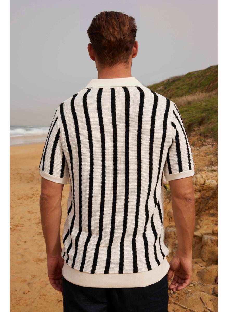Men's Slim Fit Slim Cut Knitted Breathable Striped Non-rolling Polo Neck T-Shirt