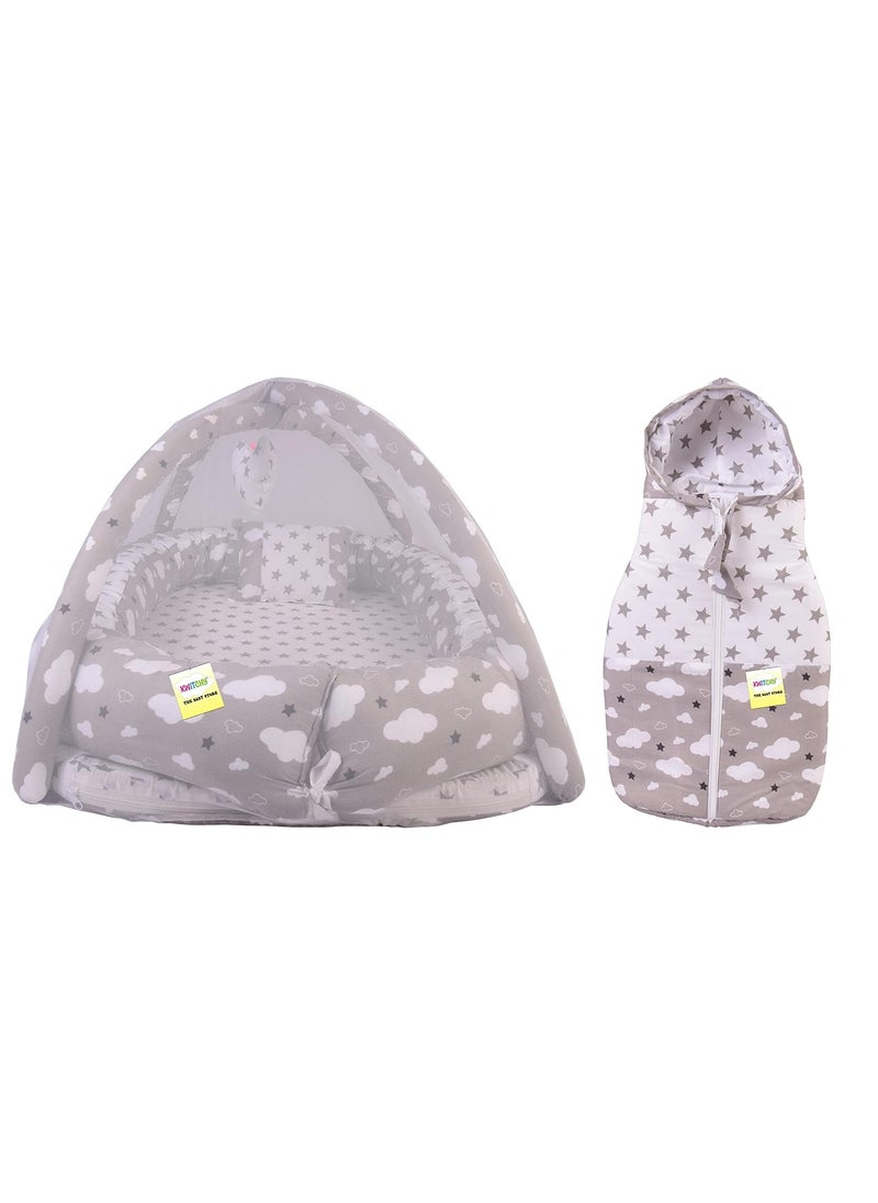 Kwitchy New Born Baby Bedding Set Foam Insert Mattress with Net Sleeping Bag 06 Months Grey 2PCS Set