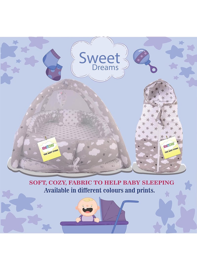Kwitchy New Born Baby Bedding Set Foam Insert Mattress with Net Sleeping Bag 06 Months Grey 2PCS Set