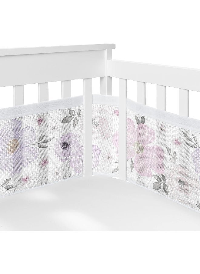 BreathableBaby Lavender Purple Boho Floral Girl Breathable Mesh Crib Liner Anti-Bumper Baby Infant Grey Bohemian Farmhouse Shabby Chic Rose Lily Watercolor Flower Elegant Gray