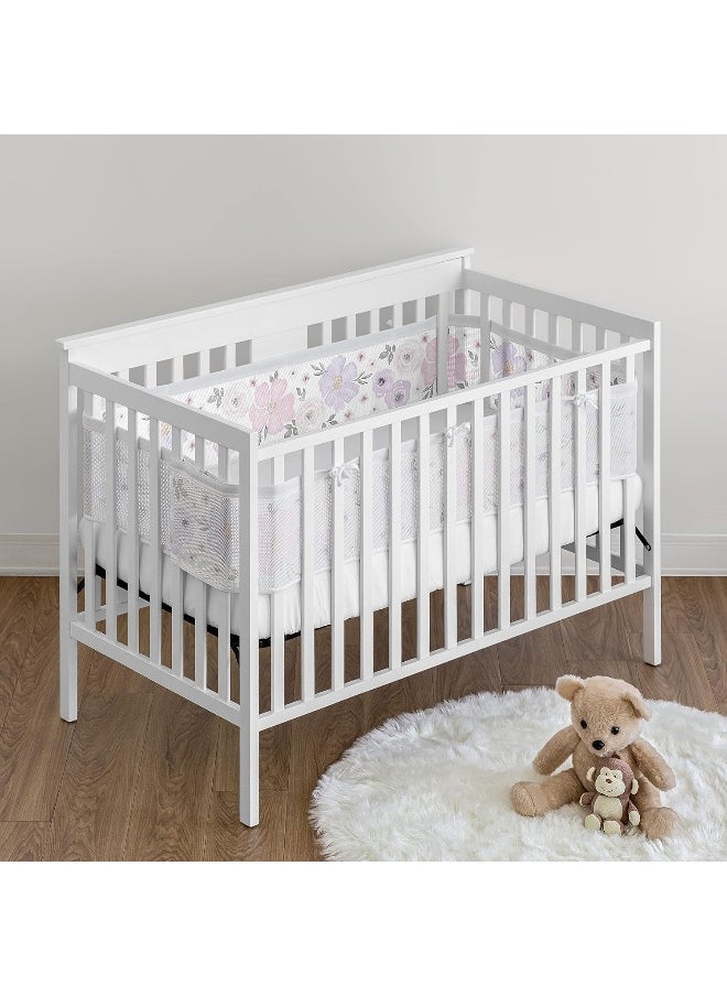 BreathableBaby Lavender Purple Boho Floral Girl Breathable Mesh Crib Liner Anti-Bumper Baby Infant Grey Bohemian Farmhouse Shabby Chic Rose Lily Watercolor Flower Elegant Gray