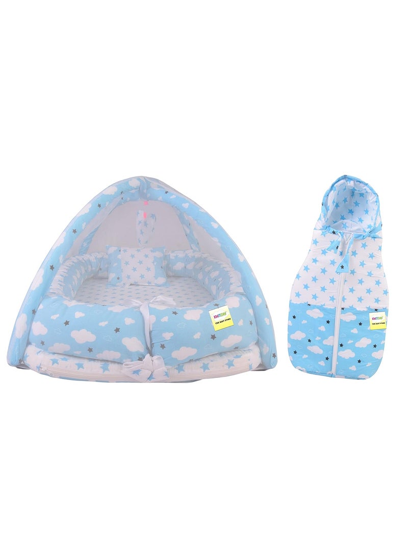 Kwitchy New Born Baby Bedding Set Foam Insert Mattress with Net Sleeping Bag 06 Months Blue 2PCS Set