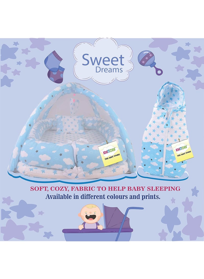 Kwitchy New Born Baby Bedding Set Foam Insert Mattress with Net Sleeping Bag 06 Months Blue 2PCS Set