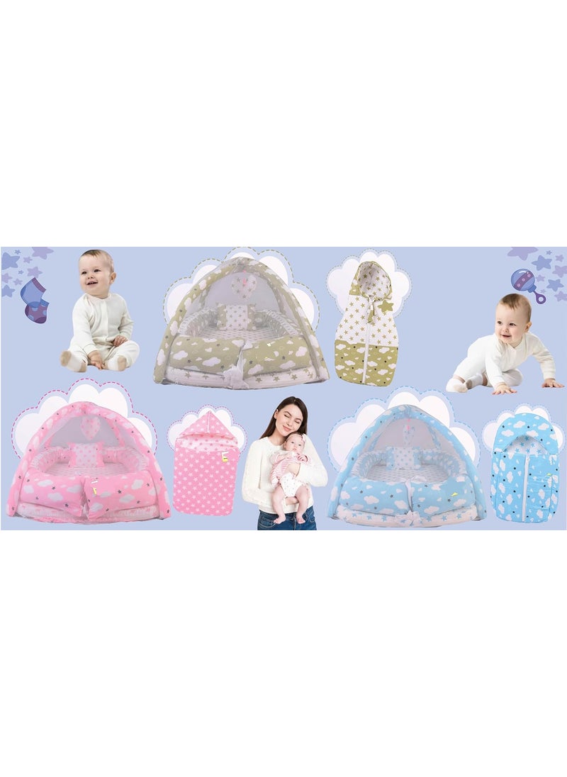 Kwitchy New Born Baby Bedding Set Foam Insert Mattress with Net Sleeping Bag 06 Months Blue 2PCS Set