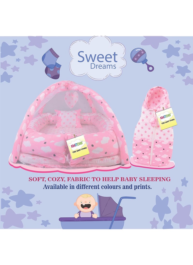 Kwitchy New Born Baby Bedding Set Foam Insert Mattress with Net Sleeping Bag 06 Months Pink 2PCS Set