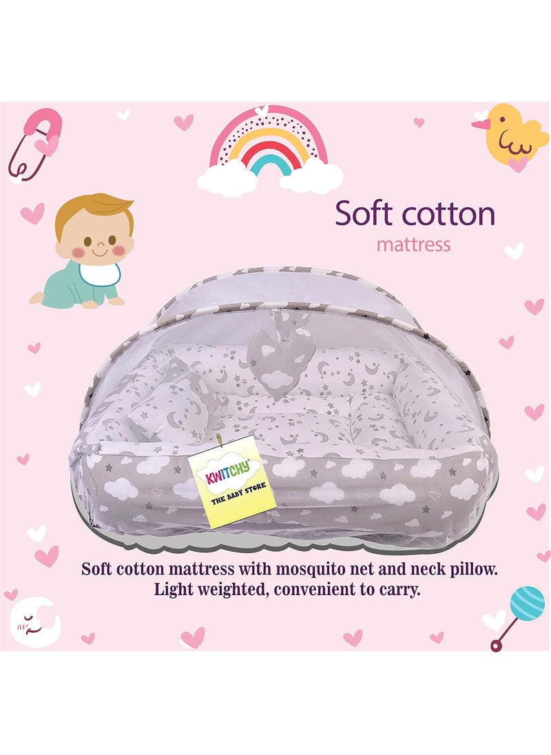 Kwitchy New Born Baby Bedding Set Luxury Mattress with Net Sleeping Bag Combo 06 Months Grey 2PCS Set