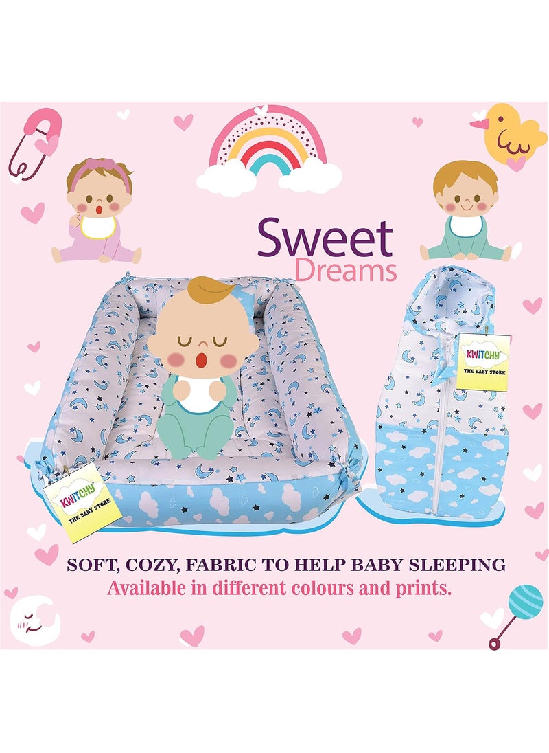 Kwitchy New Born Baby Bedding Set Luxury Mattress with Net Sleeping Bag Combo 06 Months Blue 2PCS Set