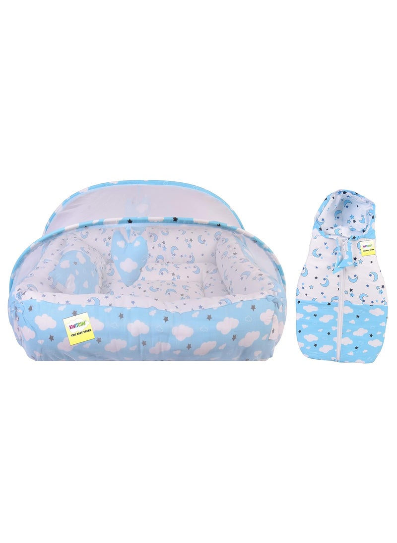 Kwitchy New Born Baby Bedding Set Luxury Mattress with Net Sleeping Bag Combo 06 Months Blue 2PCS Set