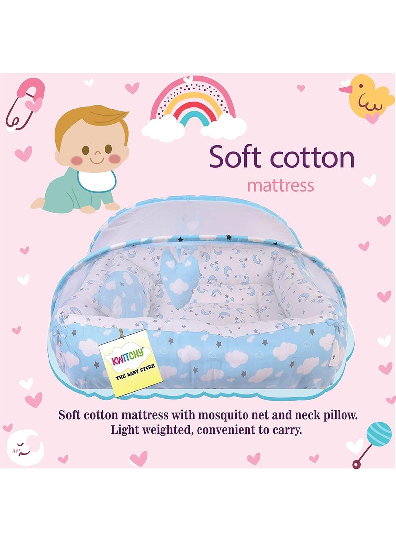 Kwitchy New Born Baby Bedding Set Luxury Mattress with Net Sleeping Bag Combo 06 Months Blue 2PCS Set