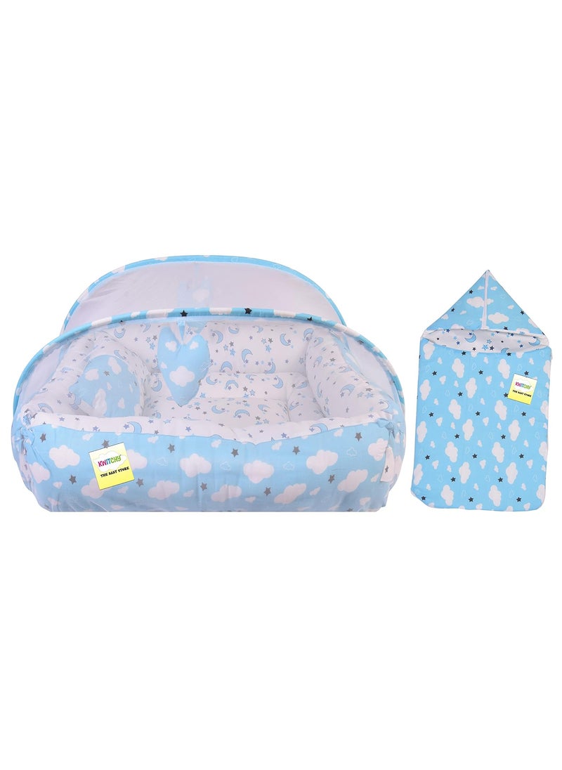 Kwitchy New Born Baby Bedding Set Luxury Mattress with Net Sleeping Bag Combo 06 Months Blue 2PCS Set