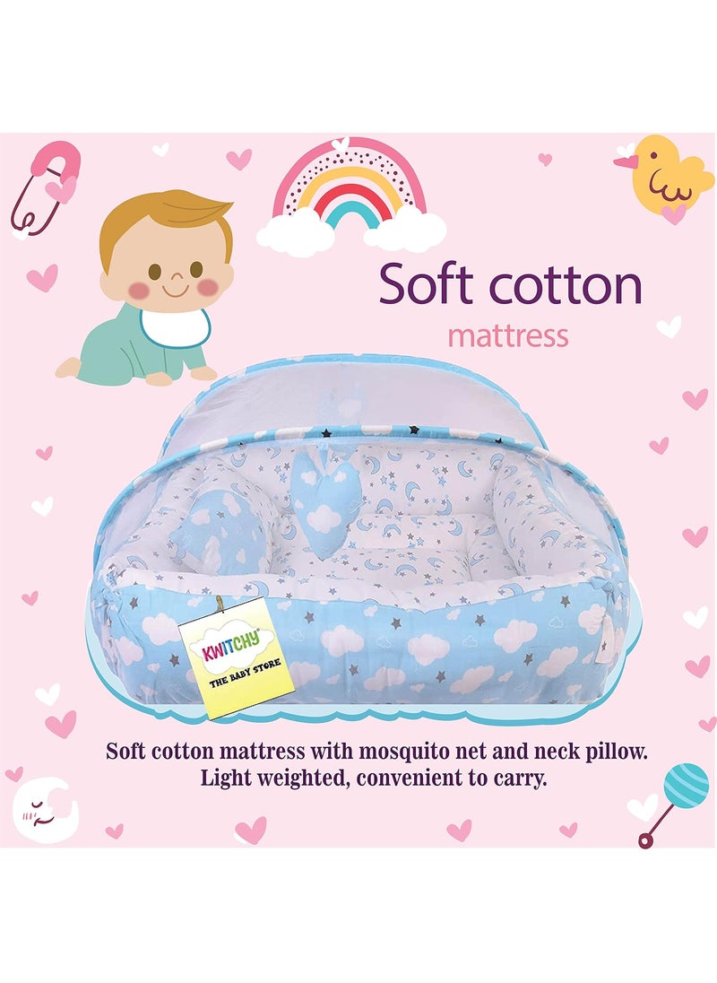 Kwitchy New Born Baby Bedding Set Luxury Mattress with Net Sleeping Bag Combo 06 Months Blue 2PCS Set